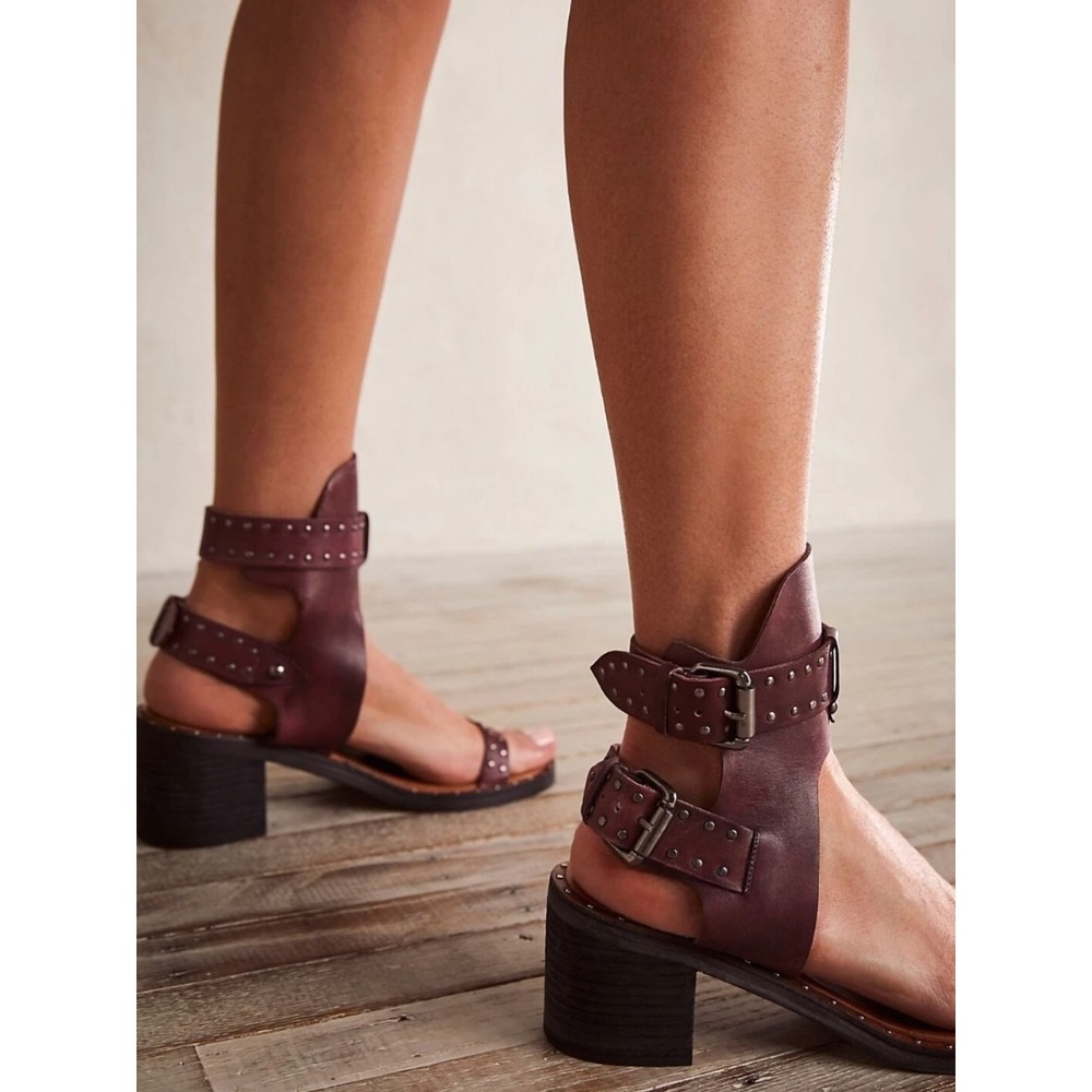 Free‎ People Happiness Purple Leather Studded Ankle Strap Heel Sandals 38.5 NWOB - Picture 12 of 13